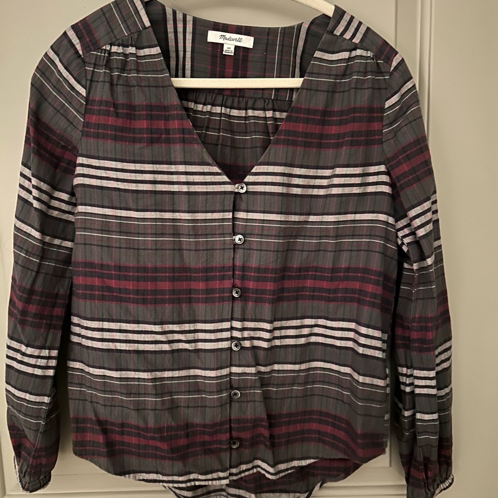 Madewell Plaid Button-Front V-Neck Top in Gray and Burgundy
